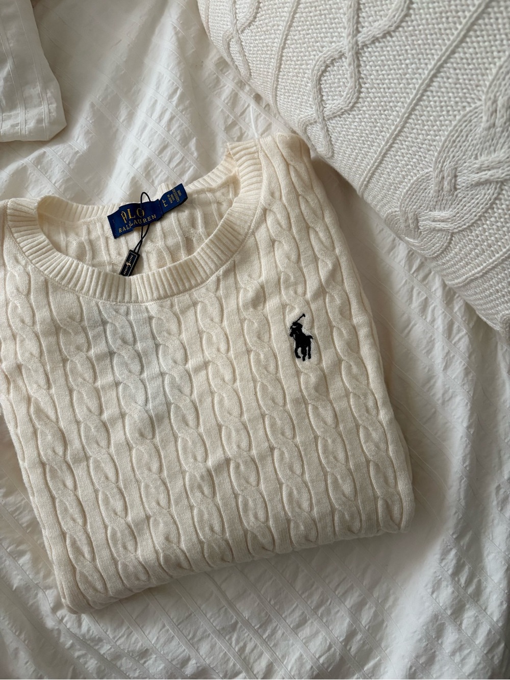 Polo by Ralph Lauren Cream Cable-Knit Crewneck Sweater with Black Pony